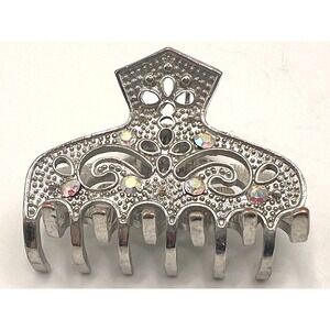 Silver Tone Rhinestone Hair Claw Clip Filigree Openwork Petite 1.75"